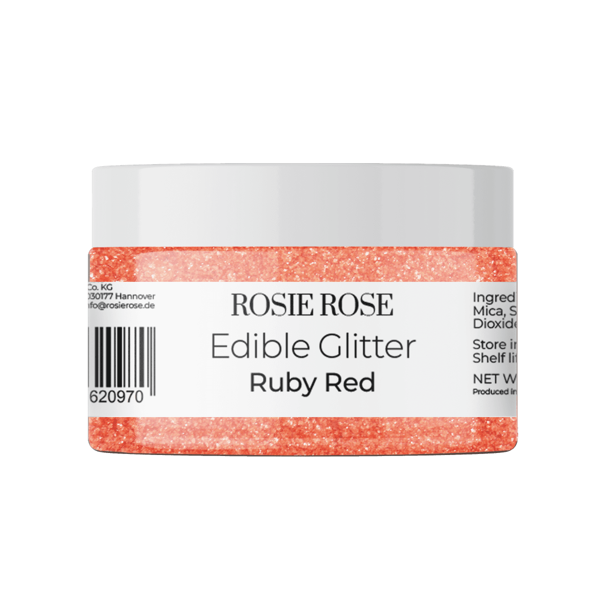 Unser essbares Glitter in Ruby Red ohne E171 bringt Ihre Backwerke zum Strahlen in der Farbe Rot. Verleihen Sie Ihren Desserts einen roten Glanz und beeindrucken Sie Ihre Gäste. Entdecken Sie bei ROSIE ROSE eine vielfältige Auswahl an essbaren Blumen und Toppings für Ihre Tortendekorationen.